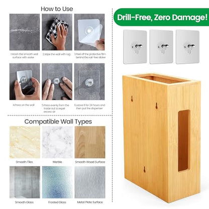 Extra Large Bamboo Grocery Bag Holder for Plastic Bags | Open-top plastic bag holder with front and side access for countertop, cabinet, or wall-mounted storage. 8 x 5 x 13 in.