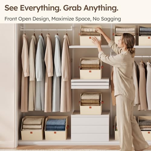 Fabric Closet Storage Cubes - 6 Pack Square Storage Bins with Dual Handles for Clothes, Towels, Toys, Cube Storage Organizers for Bedroom, Nursery, Shelves, Closet, Small Spaces, Beige