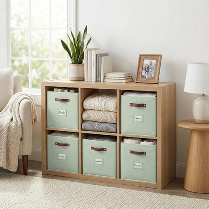 DECOMOMO Storage Bins, Cube Storage Bin with Labels | 10.5" x 11" Fabric Storage Cubes for Shelves (6pcs, Sage Green)