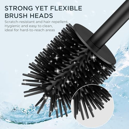 FORIOUS Toilet Brush and Holder Set with 2 Brush Head Square Medium Black | Heavy Duty 304 Stainless Steel Base, Silicone and Plastic Brush Heads, Long Handle for Deep Cleaning, Drip-Proof
