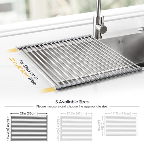 Tomorotec Roll Up Dish Drying Rack Over Sink, 304 Steel, 21x15.5, Grey | Anti-Slip Silicone Rims For Grip, Heat-Resistant Trivet Mat Holding Heavy Cookware, Rustproof Kitchen Counter Space Saver