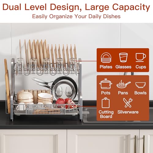 2 Tier Large Stainless Steel Dish Drying Rack for Kitchen Counter | Large Stainless Steel Dish Drain, Space Saving, Big Modern Silver Countertop Metal Plates Dryer Strainer and Extra Tray