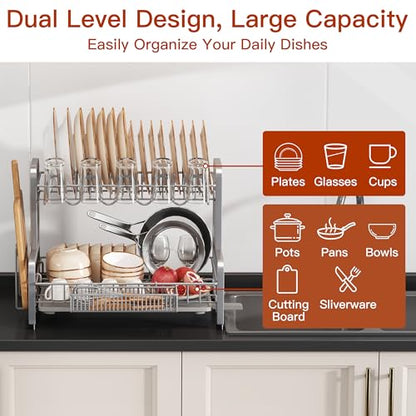 2 Tier Large Stainless Steel Dish Drying Rack for Kitchen Counter | Large Stainless Steel Dish Drain, Space Saving, Big Modern Silver Countertop Metal Plates Dryer Strainer and Extra Tray