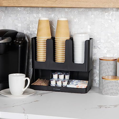 Mind Reader Condiment Station, 13 Inch Countertop Coffee Bar Organizer with 6 Compartments, Storage Caddy for Cups, Lids and Packets, Plastic, Black