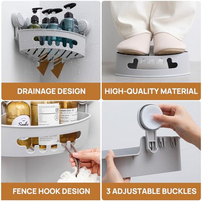 Corner Shower Caddy Suction Cup, Shower Basket Suction Bathroom | Grey Shower Caddies, Waterproof & Rustproof Bathroom Organizer, No-Drilling Shower Rack, Removable