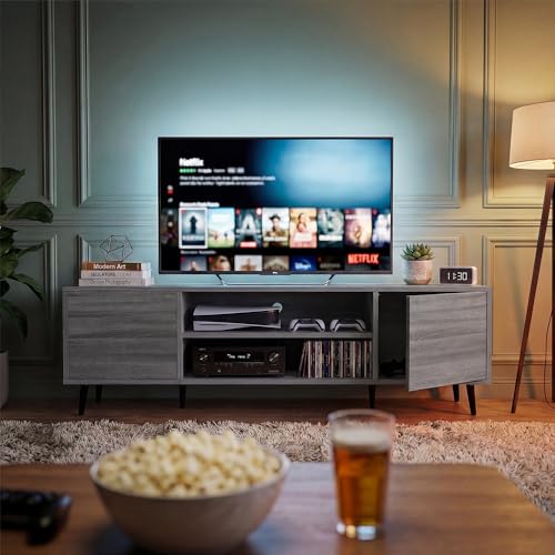 YESHOMY Mid-Century Modern TV Stand for 55-65 Inch TVs, 58 Inch Entertainment Center with Storage, Media Console with Push-to-Open Doors and Cable Management for Living Room, Bedroom(Light Gray)