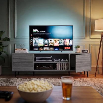 YESHOMY Mid-Century Modern TV Stand for 55-65 Inch TVs, 58 Inch Entertainment Center with Storage, Media Console with Push-to-Open Doors and Cable Management for Living Room, Bedroom(Light Gray)