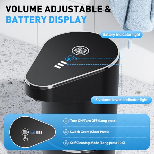 Automatic Liquid Soap Dispenser, 3 Levels for Kitchen and Bath | For Hand and Dish Soap, Responsive Sensor, Type-C Charging, 90-day Use, Wall Mountable, IPX5 Waterproof, 350ML, Black Gel