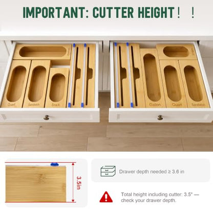Reclosable Poly Bag Organizer for Kitchen Drawer, 5-Slot | Bamboo, 5 Independent Boxes, Slide Cutter, Magnetic Lid, Space-Saving Drawer Organizer