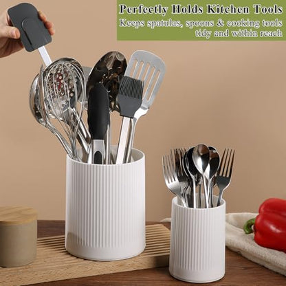 HOMQUEN 360° Rotating Utensil Holder, 6.3''+4.7'' Plastic Kitchen Utensil Holder for Countertop, Large Cooking Utensil Crocks for Kitchen Decor, Utensil Organizer for Spatula, Set of 2 (White)