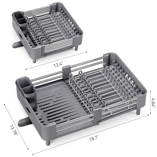 Urackify Extendable Stainless Dish Drying Rack for Kitchen Counter, Gray | 13.78"W x 18.7"L, Foldable Drainboard for Space Saving, Knife and Utensil Holder, Fast-draining Spout