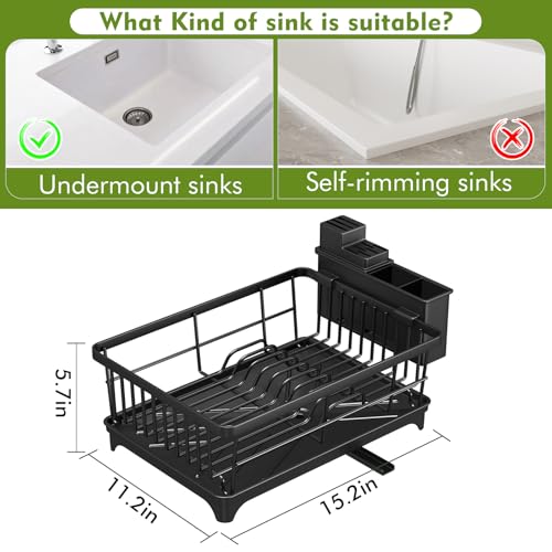 Kmiectse Dish Drying Rack for Small Kitchen Counter with Utensil Holder | Space Saving, Rust Resistant, Quick Drainage Dish Rack, Compact Dish Drainer Organizer for Home Kitchen, Black