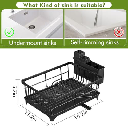Kmiectse Dish Drying Rack for Small Kitchen Counter with Utensil Holder | Space Saving, Rust Resistant, Quick Drainage Dish Rack, Compact Dish Drainer Organizer for Home Kitchen, Black