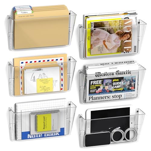 samstar 6 Pack Clear Wall File Holder, Wall Mount Acrylic File Organizer Hanging Wall Pocket Mail Magazines Organizer for Office,Home
