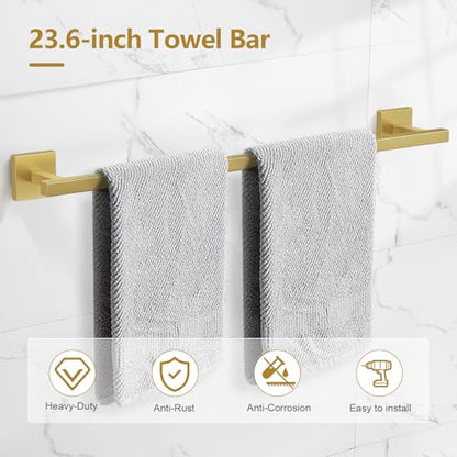 5-Pieces Brushed Gold Bathroom Hardware Accessories Set 23.6" SUS304 Stainless Steel Towel Bar Set Wall Mounted Square Toilet Paper Holder with Shelf