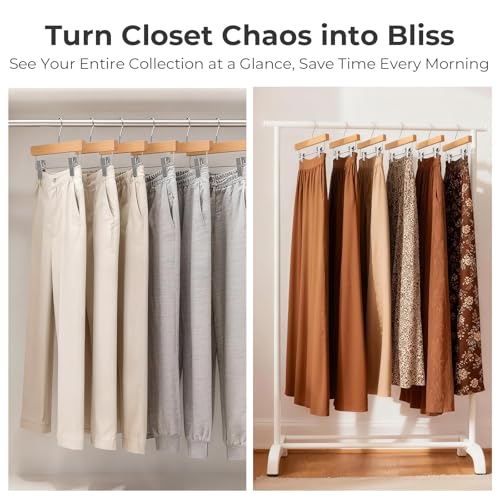 HOUSE DAY Wooden Pants Hangers with Clips, 20 Pack Skirt Hangers, Natural | 14-Inch Wood Hangers with Adjustable Non-Slip Metal Clips & 360° Swivel Hooks, Heavy Duty for Jeans, Slacks, Trousers, Shorts
