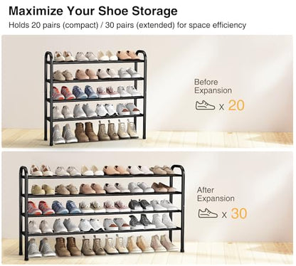 STO STO Long Expandable Shoe Rack 4-Tier, Adjustable Length 33.7”–47.5” Shoe Organizer, Metal Shoes Storage Shelf, Holds Up to 30 Pairs, Non-Slip Feet, for Closet, Entryway, Hallway, Front Door, Black