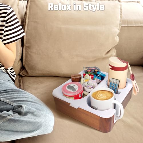 Couch Cup Holder Tray, Real Acacia Wooden Caddy with Soft Silicone, Snack and Drink Organizer- Perfect Movie Night Accessories for Bed, Remote and Cup Holders for Sofa (White)