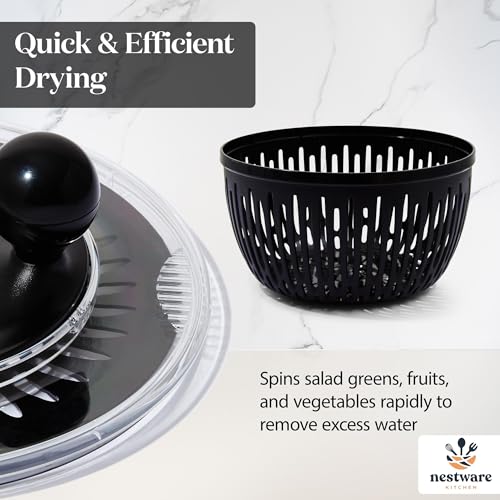 Stainless Steel Salad Spinner Large, 5.3 Qt - Lettuce, Vegetable & Fruit Washer & Dryer with Quick-Stop Brake Button, Colander Basket & Non-Slip Base (304 Stainless Steel - Black)