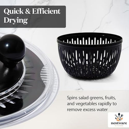 Stainless Steel Salad Spinner Large, 5.3 Qt - Lettuce, Vegetable & Fruit Washer & Dryer with Quick-Stop Brake Button, Colander Basket & Non-Slip Base (304 Stainless Steel - Black)