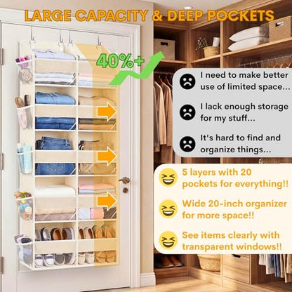 Over the Door Organizer 5 Tiers,Extra Large Behind Door Storage of 10 Compartments,80 lbs Weight Capacity Over the Door Storage, Door Hanging Organizer for Closet, Diaper Organizer, Beige