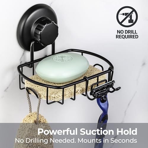 HASKO 2 Pack Suction Cup Soap Dish for Shower Wall, Rustproof Stainless Steel, Shower Soap Holder with Hooks, Includes Optional No Drill Adhesive Mount for Bathroom, 2 Soap Savers, Black