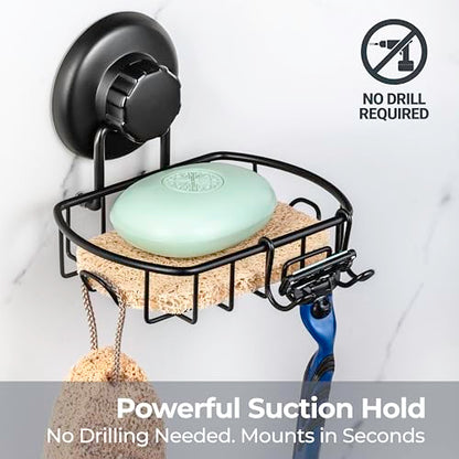 HASKO 2 Pack Suction Cup Soap Dish for Shower Wall, Rustproof Stainless Steel, Shower Soap Holder with Hooks, Includes Optional No Drill Adhesive Mount for Bathroom, 2 Soap Savers, Black