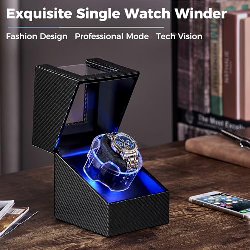 ANWBROAD Watch Winder for Automatic Watches, Single Watch Winder with LED | 4 Modes Automatic Watch Winder box for Men and Women, Winding Watch Rotator with Super Quiet Motor, Type-C Adapter UJWW006C