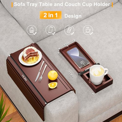 Bamboo Couch Armrest Table with Cup Holder Tray (Walnut) | 2 in 1 Anti-Slip Couch Caddy for Drinks Cellphone TV Remote Snacks