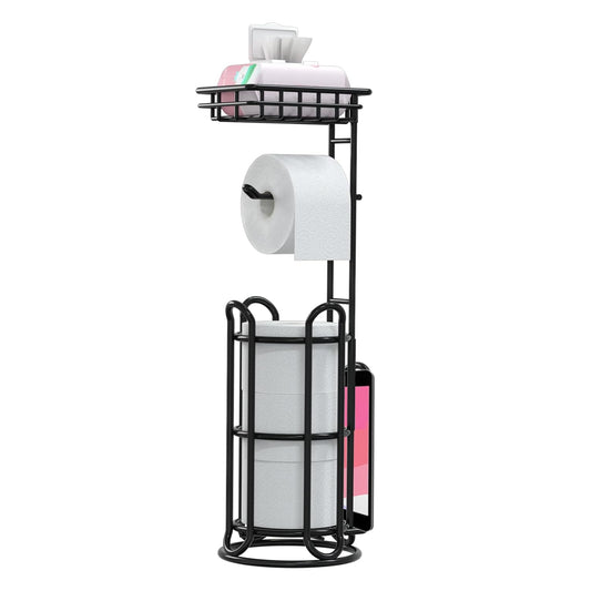 [Upgrade] Toilet Paper Holder Stand with Shelf Tissue Holders for Bathroom Free Standing Bath Tissue Roll Holder Magazine Rack for Mega Rolls/Phone/Wipe-Black