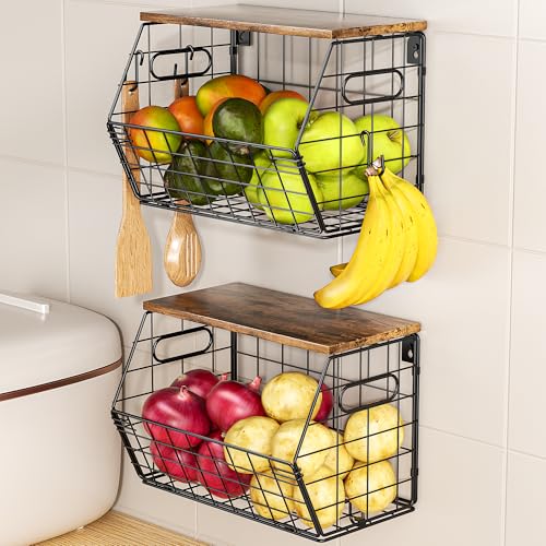 Stackable Metal Fruit Basket with Wood Lid 2 Pack,... (Black | Metal, Wood)