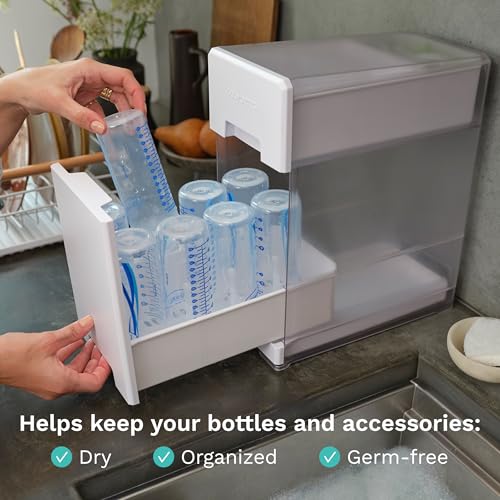 Baby Brezza Covered Drying Rack & Countertop Organizer, 8 Bottle Capacity | Ultimate Counter Neatness with Unique Mess Containing Lid on Rack - Vertical Bottle Storage, Large Capacity Plus Accessories