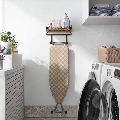 SRIWATANA Ironing Board Hanger Wall Mount, Carbonized Black | Space Saving Ironing Board Holder, Laundry Room Organizer & Storage, Movable Hooks Fit T-Leg, Large Storage Wood Base Basket