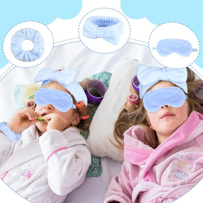 30 Pcs Spa Sleepover Party Supplies 6 Bow Makeup Headband 6 Plush Sleep Eye Mask 6 Velvet Scrunchies 6 Makeup Remover Cloth 6 Clear Cosmetic Bags for Women Slumber Party Favors (Blue)