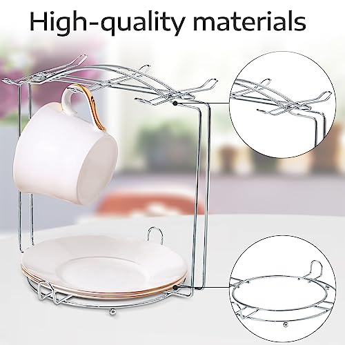 Tea Cups and Saucers Holder,Metal Tea Cups Coffee Cups Rack,Organizer for Coffee Cup Spoon and Saucers (Silver)