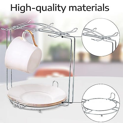 Tea Cups and Saucers Holder,Metal Tea Cups Coffee Cups Rack,Organizer for Coffee Cup Spoon and Saucers (Silver)
