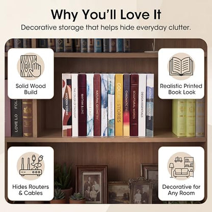 Gerrii 15.9"x10.2"x5.6" Solid Wood Hidden Book Box, Decorative Electronics Hider for Router, Cable, Modem, Cords, Plugs, Outlets – Real Hardcover Faux Books Storage Box for Bookshelf Home Decor