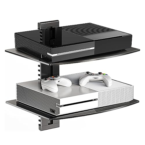 Suptek Glass Floating Shelves, TV Wall Mount with Shelf for DVD Player / PS4 / Cable Boxes/Game Consoles/Sky Box/TV Accessories, Flat Black 2-Tier Wall Mount Bracket