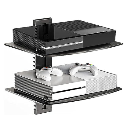 Suptek Glass Floating Shelves, TV Wall Mount with Shelf for DVD Player / PS4 / Cable Boxes/Game Consoles/Sky Box/TV Accessories, Flat Black 2-Tier Wall Mount Bracket