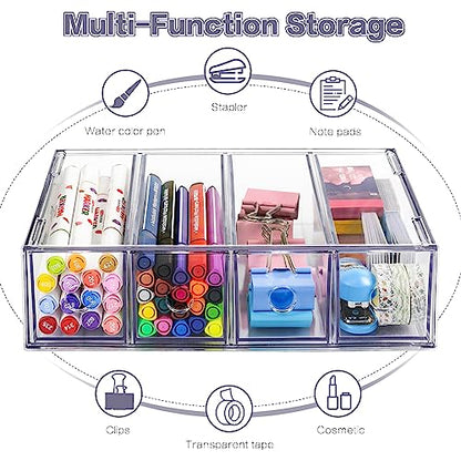 Desk Organizer with 4 Drawers, FODIENS Stackable Desktop Storage Box with Removable Drawer, Clear Sunglasses Organizer Display Case for Stationery Marker Pens Eyeglasses Office Supply