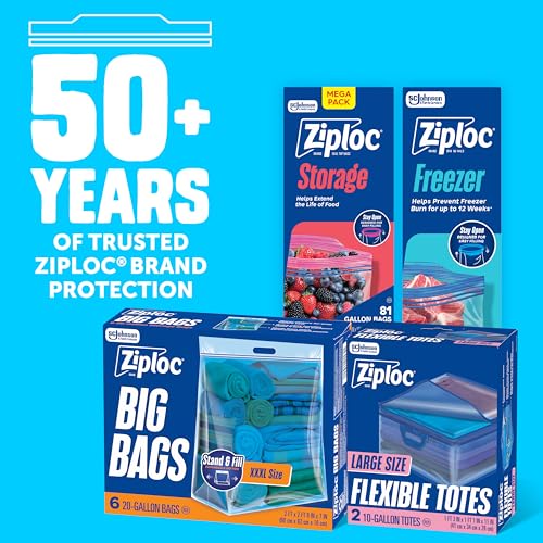 Ziploc Flexible Totes, Large Size, 10 Gallon, 2 Count Organizing Tote with Zipper and Built‑In Handles, Flexible & Stackable Clothing and Home Storage Bag