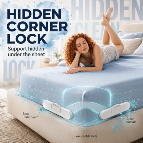 Bed Sheet Holders for Corners, Fitted Sheet Holder with Lock Strips, Hidden Corner Sheet Lock System, Sheet Locks for Fitted Sheets, No Metal Clips, 4 Corner Bases + 8 Lock Strips