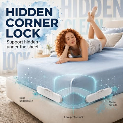 Bed Sheet Holders for Corners, Fitted Sheet Holder with Lock Strips, Hidden Corner Sheet Lock System, Sheet Locks for Fitted Sheets, No Metal Clips, 4 Corner Bases + 8 Lock Strips
