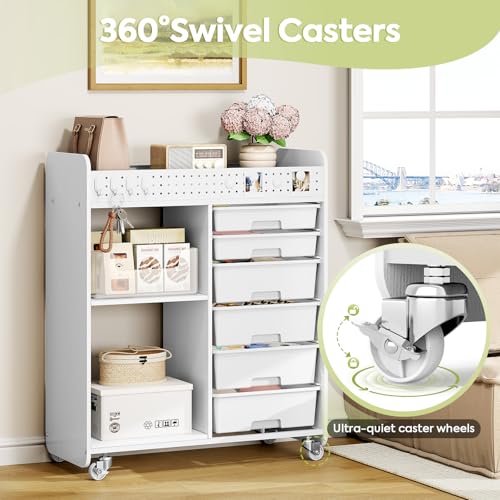 Rolling Craft Cart with 6 Drawers, Pegboard and Locking Wheels White | Ample multi-zone storage, 2 open shelves, art cart for classrooms, homeschool and offices, sturdy wood-metal frame
