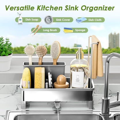 Ewaiira Stainless Steel Sink Caddy, Sponge Holder for Kitchen Sink 9.8″ | with Brush Holder Dishcloth Rack, Rustproof Sink Organizer Countertop, Soap Kitchen Organizers Storage Essentials, Gray