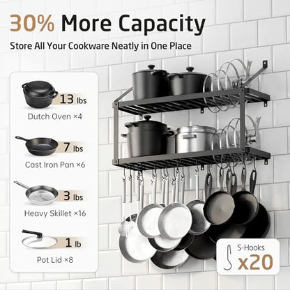 150 lb High-Capacity Pot Rack Wall Mounted with Po... (Black | Iron)