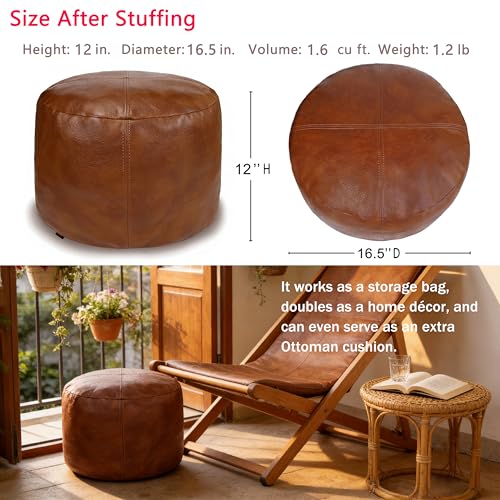 Thgonwid Unstuffed Faux Leather Pouf Cover, Handmade Footstool Ottoman Storage Solution, Floor Footrest Cushion, 16.5”Dx12”H, Amaretto