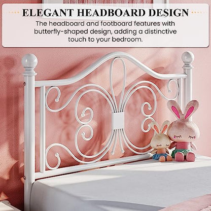 SHA CERLIN Twin Size Metal Bed Frame with Butterfly Headboard, White