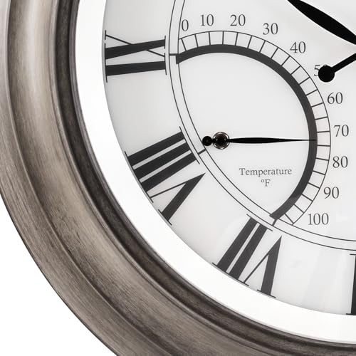 24 Inch Outdoor Clocks Waterproof,Large Outdoor Wall Clocks for Garden Patio Pool, Modern Lighted Metal Clock Battery Operated with Thermometer&Hygrometer, Gray Oak Wooden Non Ticking
