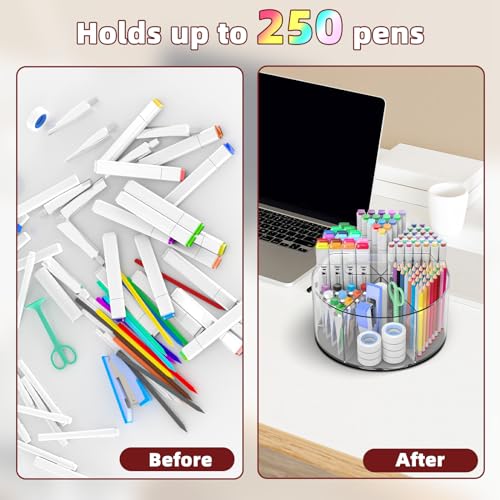 250pcs Acrylic Pencil Holder Marker Organizer, 360-Degree Rotating Pen Holder, Crayon Organizers for Kids Pencil Organizer Caddy Art Supply Lazy Susan Organizer for Desk Home School Office